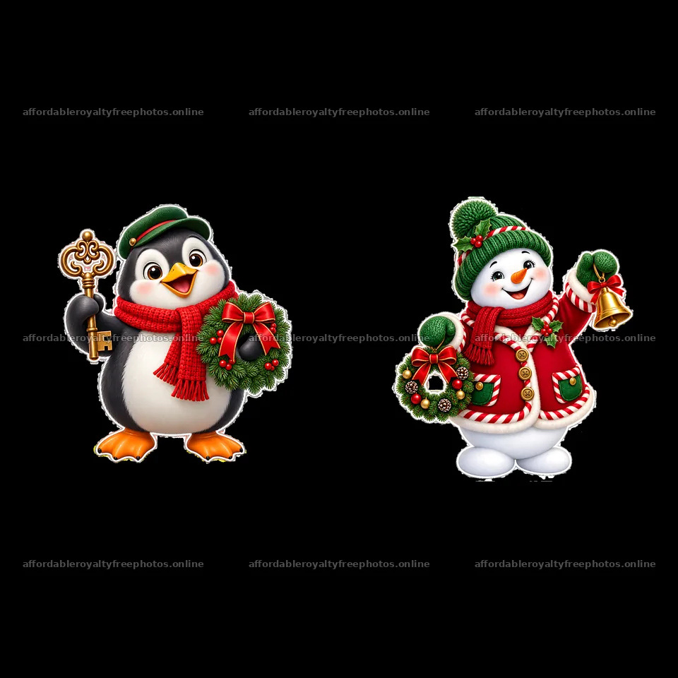 Penguin with key and snowman holding bell in Christmas – royalty-free photos 7746x7746