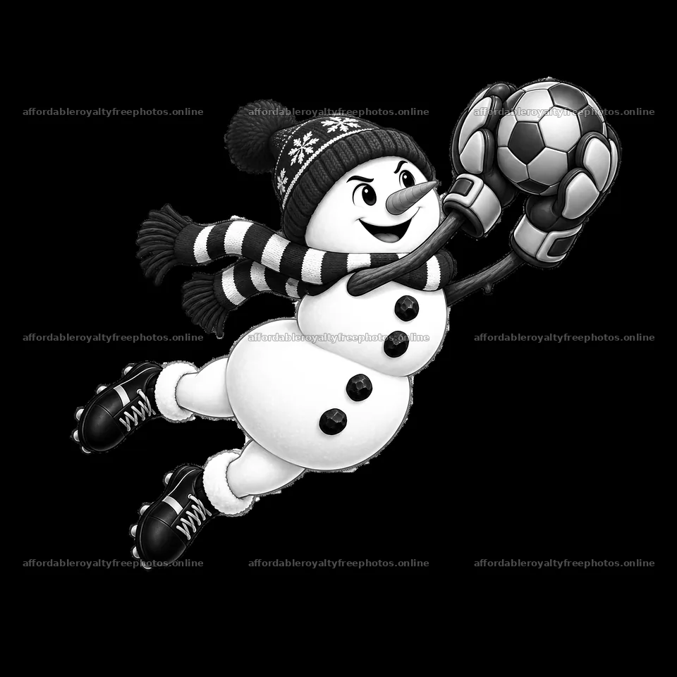 Snowman goalkeeper catching a soccer ball in a winter – royalty-free photos 7746x7746