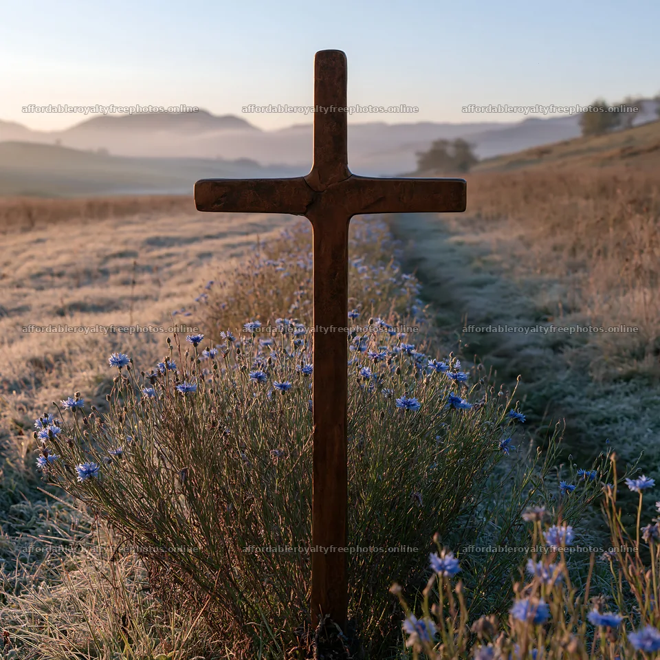 Bronze Christian cross in a meadow with flowers at dawn – royalty-free photos 7938x7938