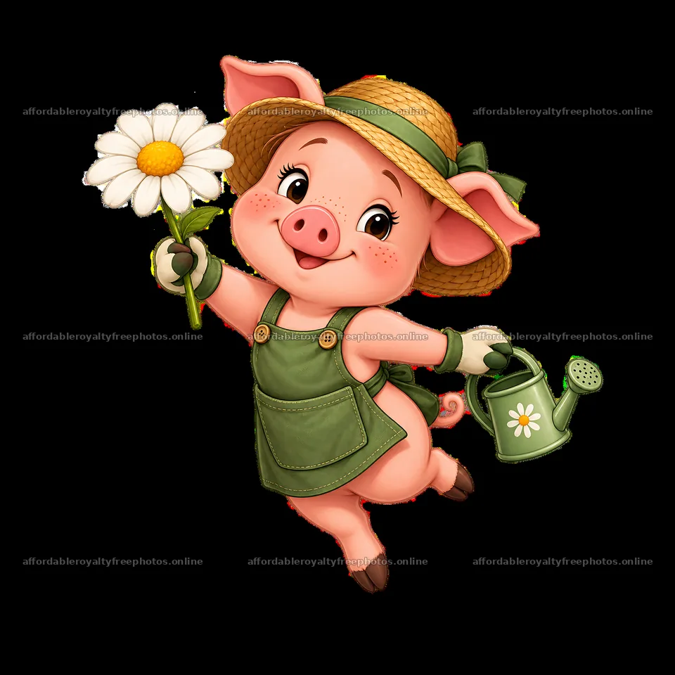 Happy pig character holding a daisy flower and a – royalty-free photos 7746x7746
