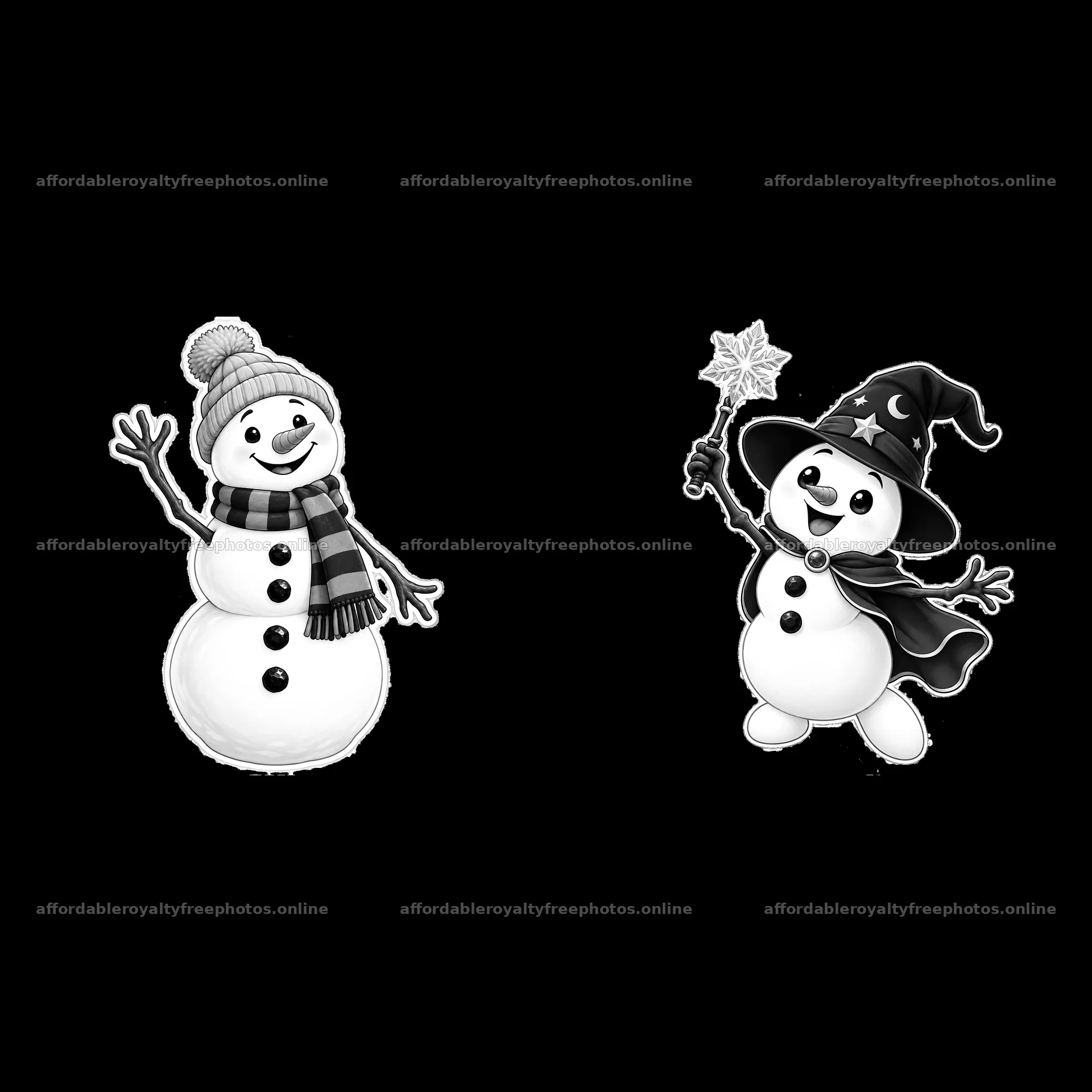 Snowman couple with hat and scarf holding a magic wand – royalty-free photos 7746x7746
