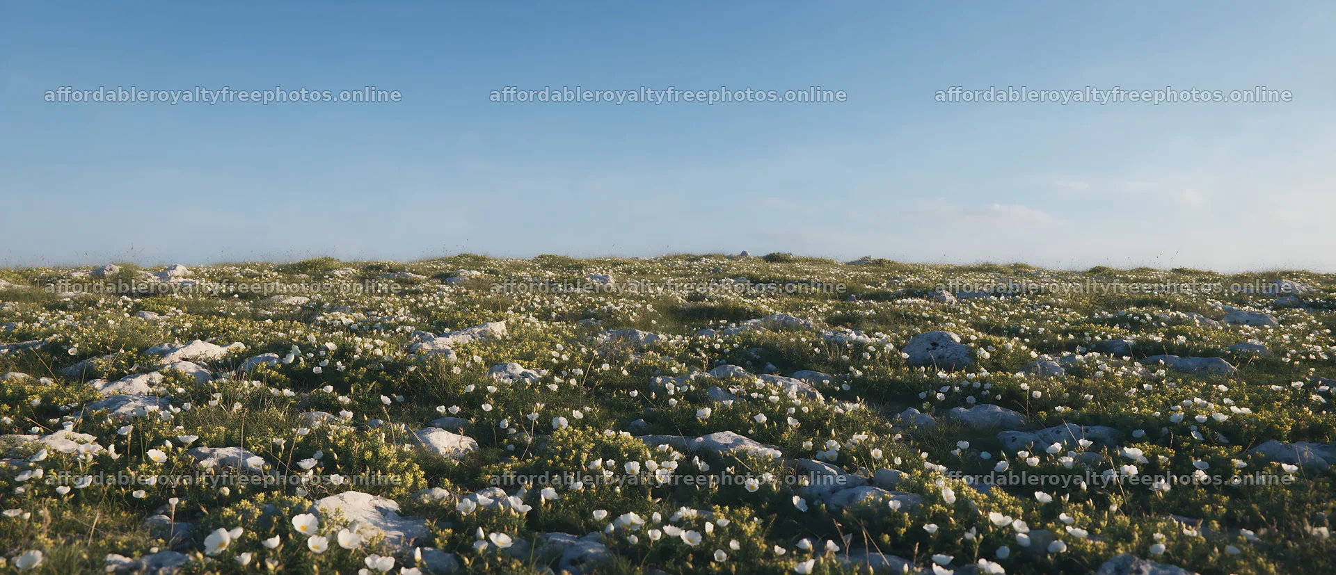 Sunlit limestone meadow with wildflowers and clear sky – royalty-free photos 12094x5210