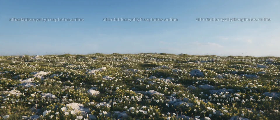 Sunlit limestone meadow with wildflowers and clear sky – royalty-free photos 12094x5210