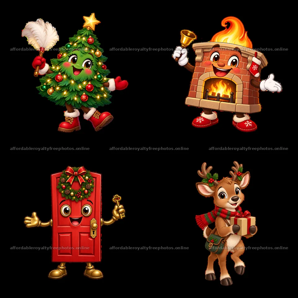 Christmas house characters with a tree, fireplace, door – royalty-free photos 7746x7746