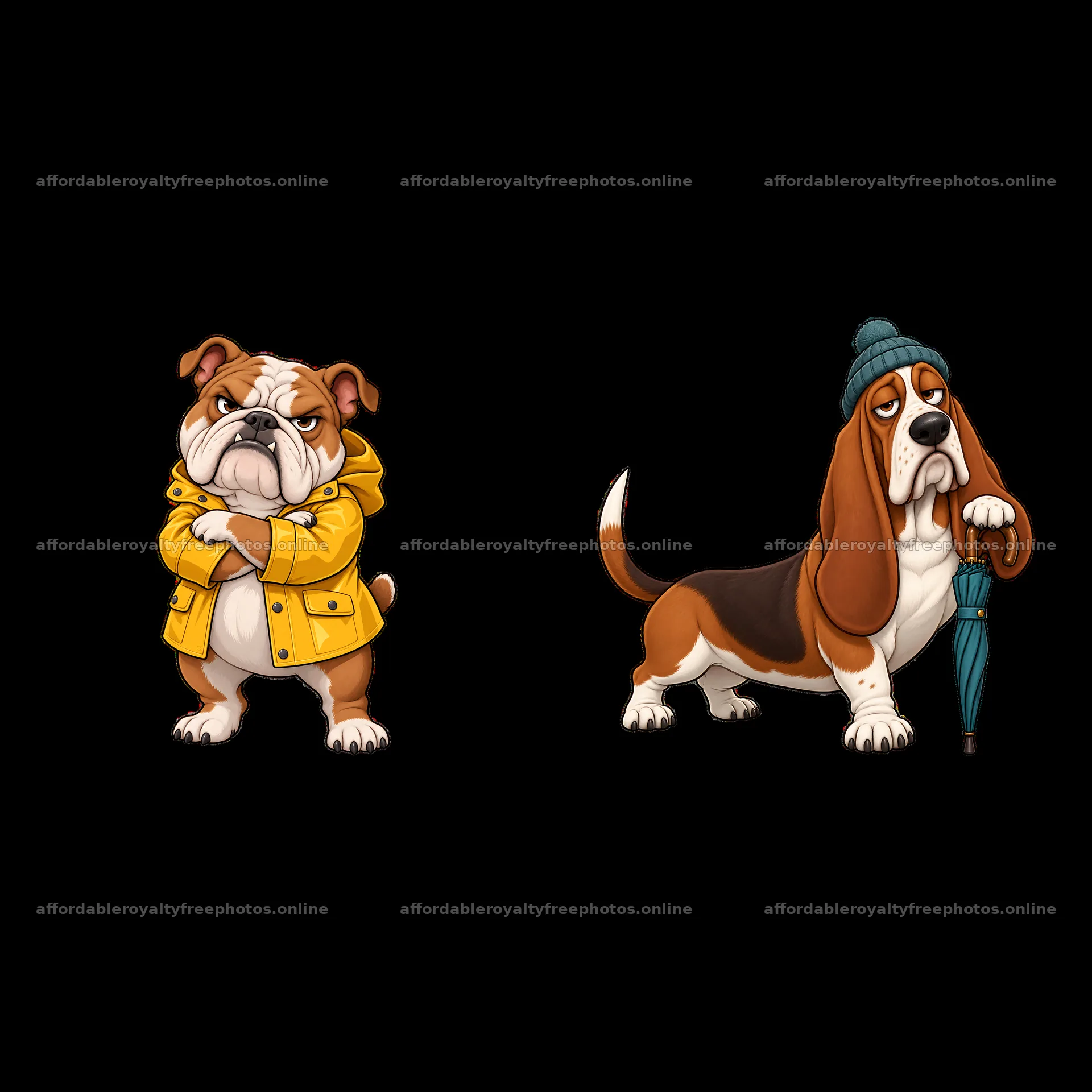 Grumpy dog sticker duo featuring a bulldog and a basset – royalty-free photos 7746x7746