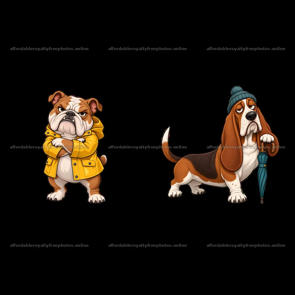 Grumpy dog sticker duo featuring a bulldog and a basset – royalty-free photos 7746x7746
