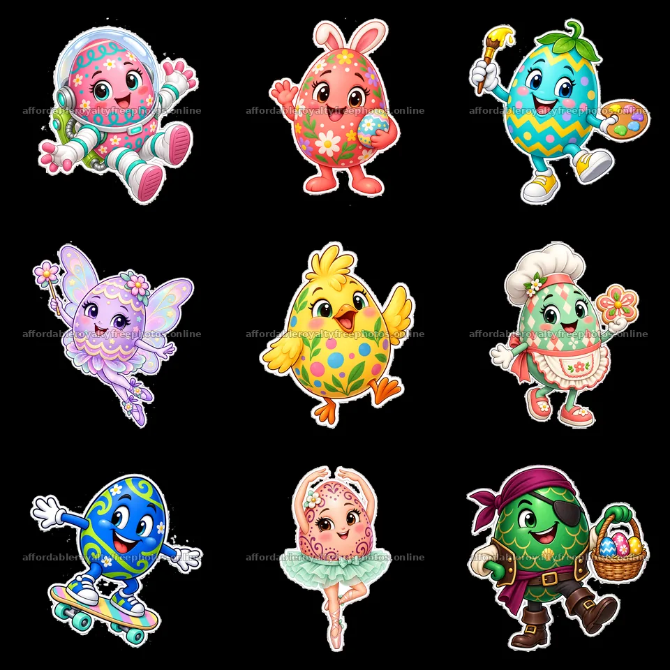 Colorful Easter egg characters in a 3x3 layout – royalty-free photos 7746x7746
