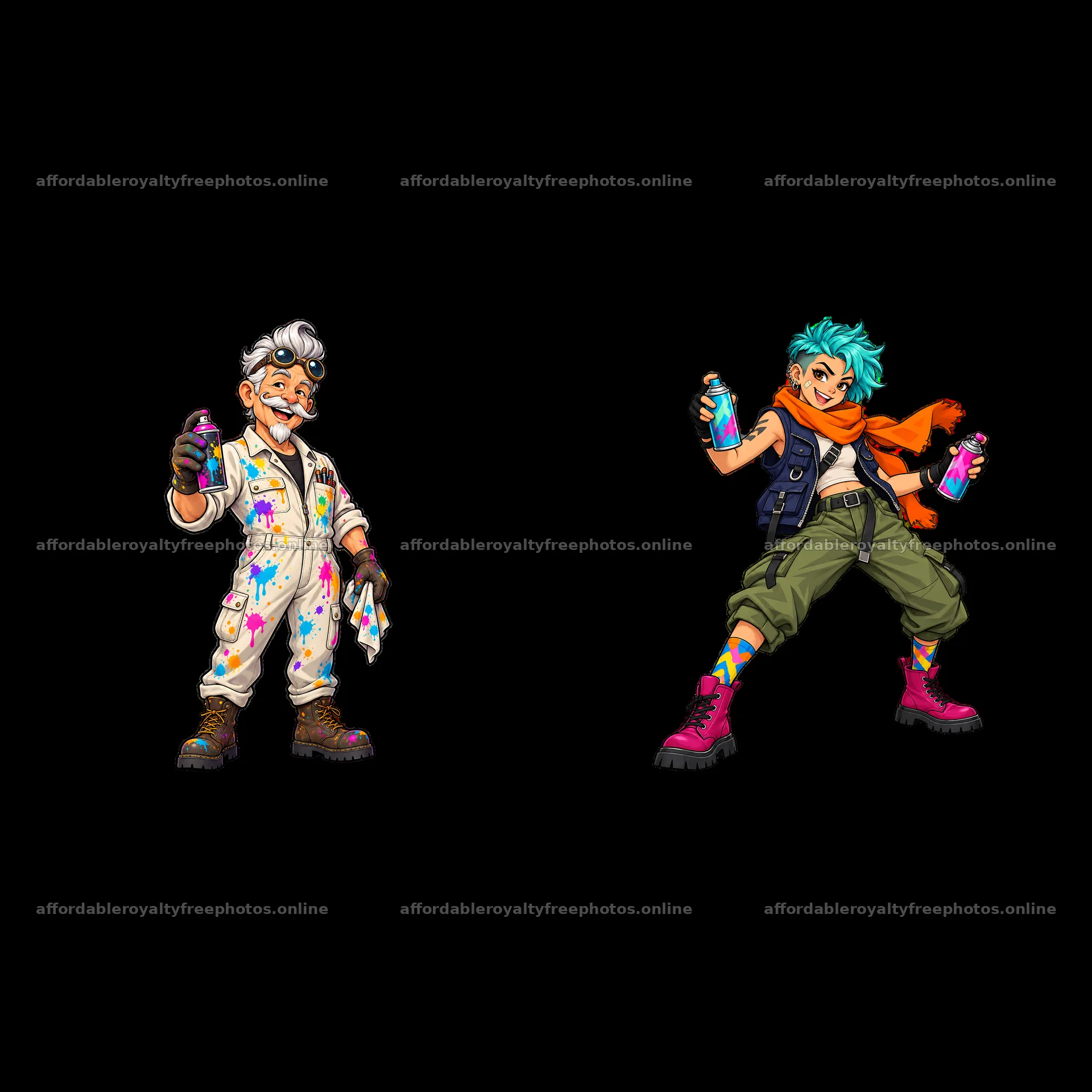 Cool graffiti sprayer characters with colorful spray cans – royalty-free photos 7746x7746