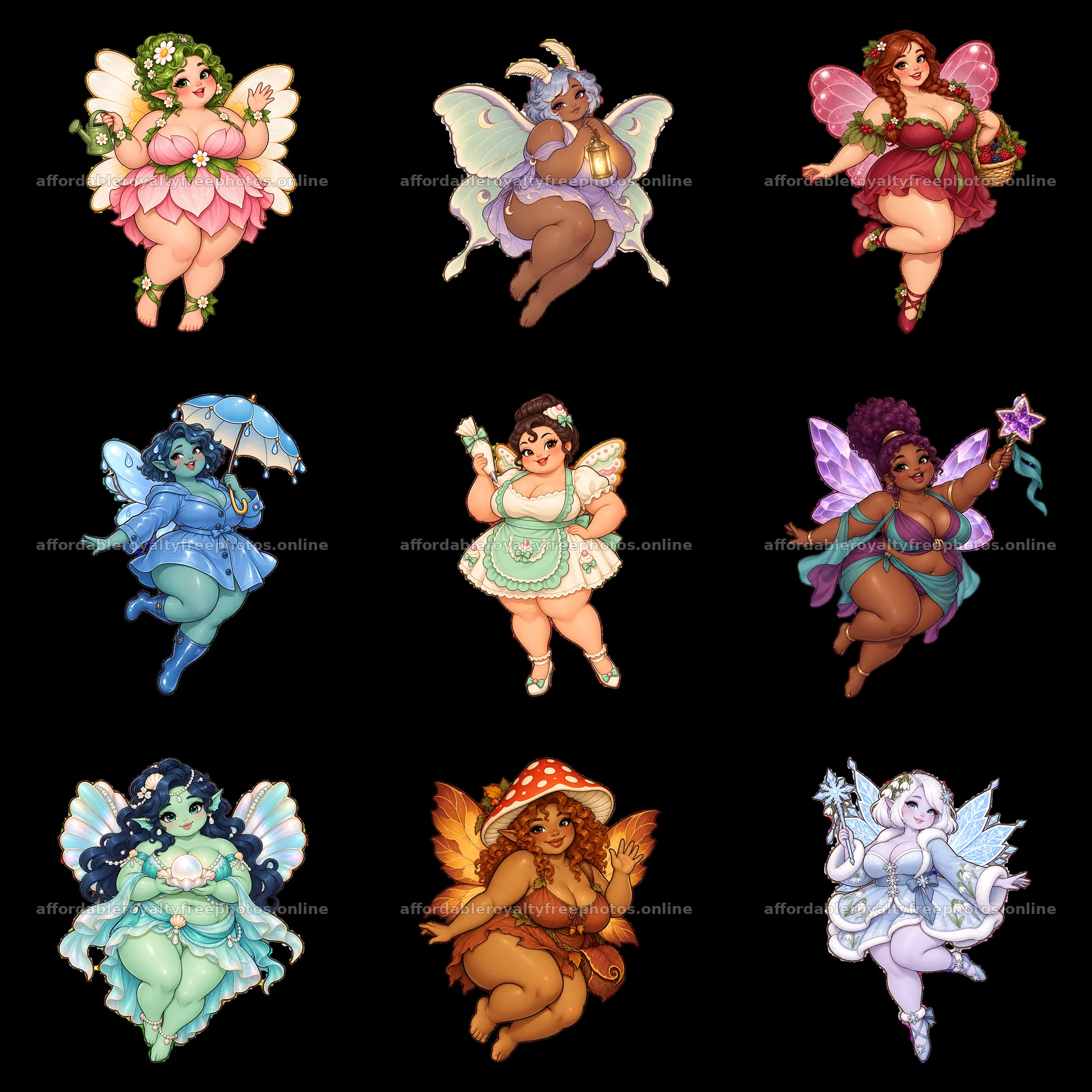 Kawaii ultra-fat fairy characters in a 3x3 grid layout – royalty-free photos 7746x7746