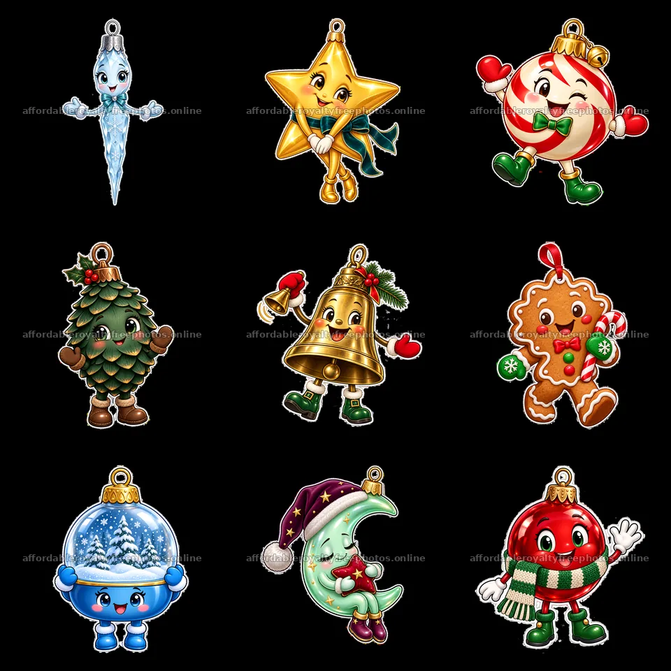 Colorful Christmas ornament stickers in a 3x3 layout – royalty-free photos 7746x7746
