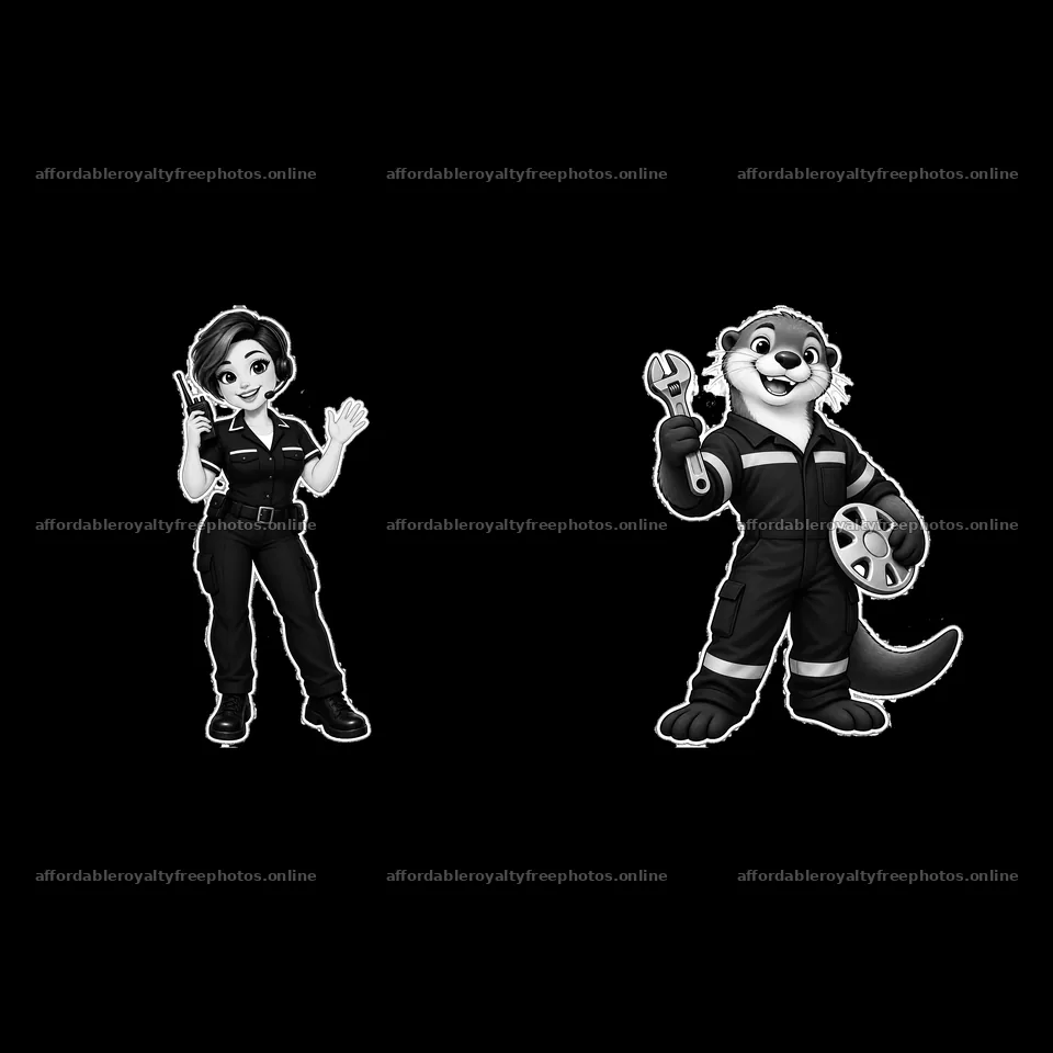 Police officer and mechanic cartoon characters in black – royalty-free photos 7746x7746
