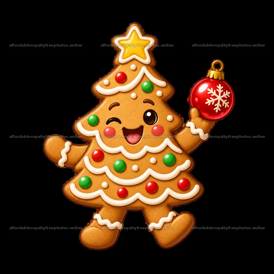 Gingerbread Christmas tree character holding an ornament – royalty-free photos 7746x7746