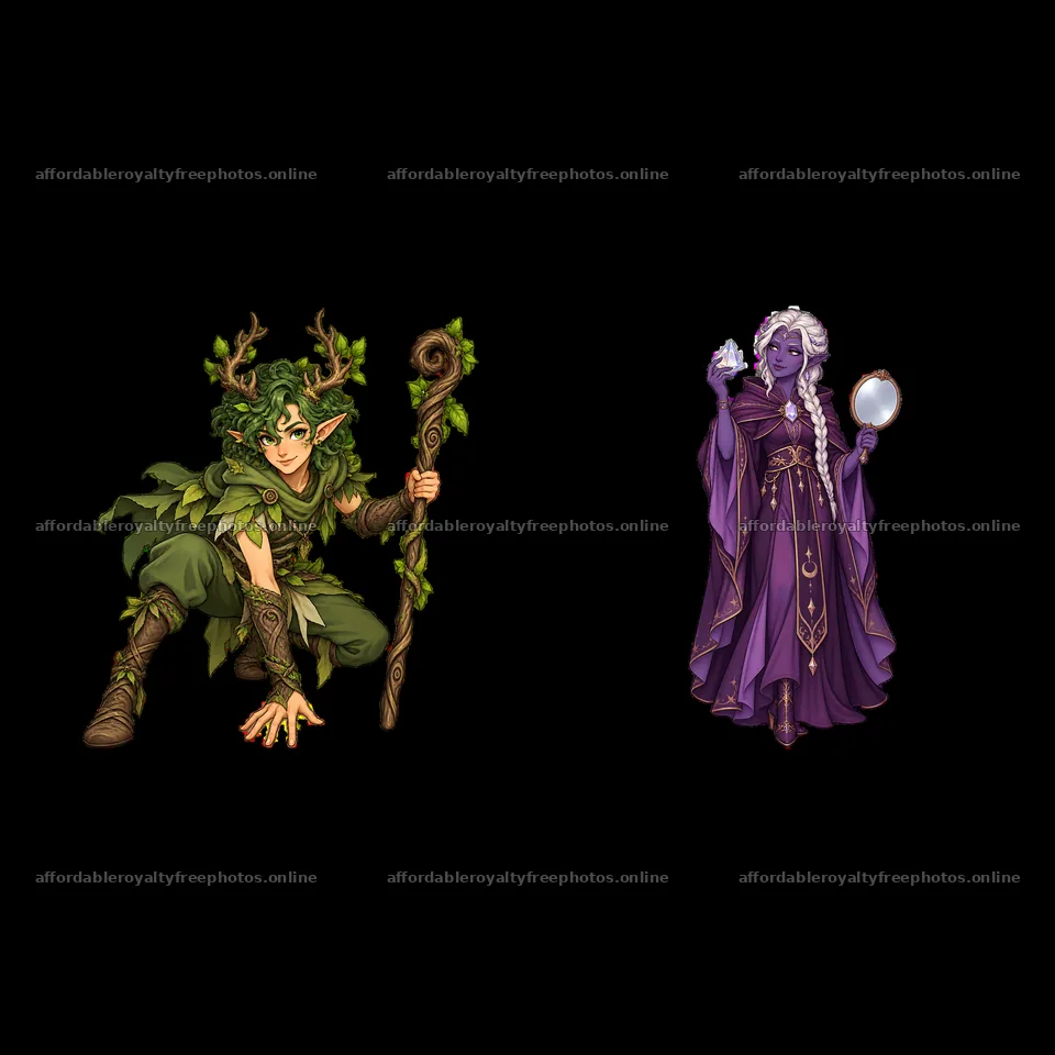 Pagan goddess and nature god with staff and mirror – royalty-free photos 7746x7746