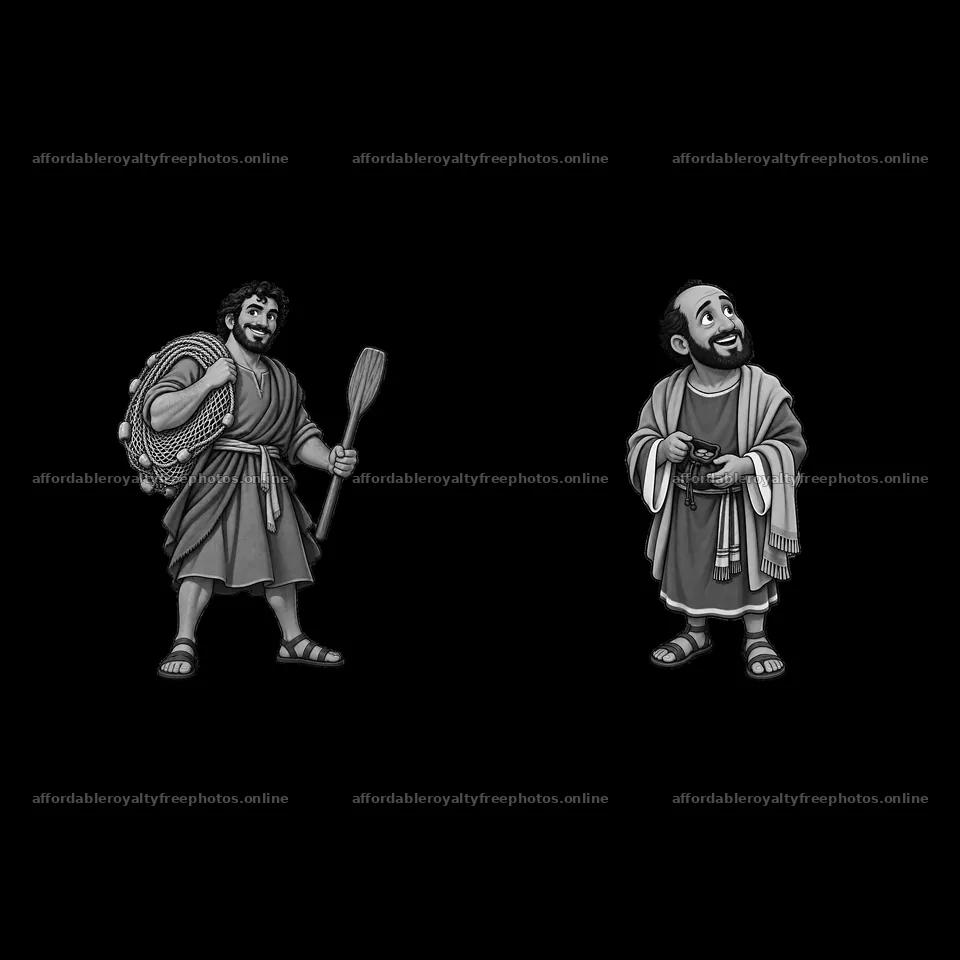 Jesus and disciple with fishing gear and gestures – royalty-free photos 7746x7746