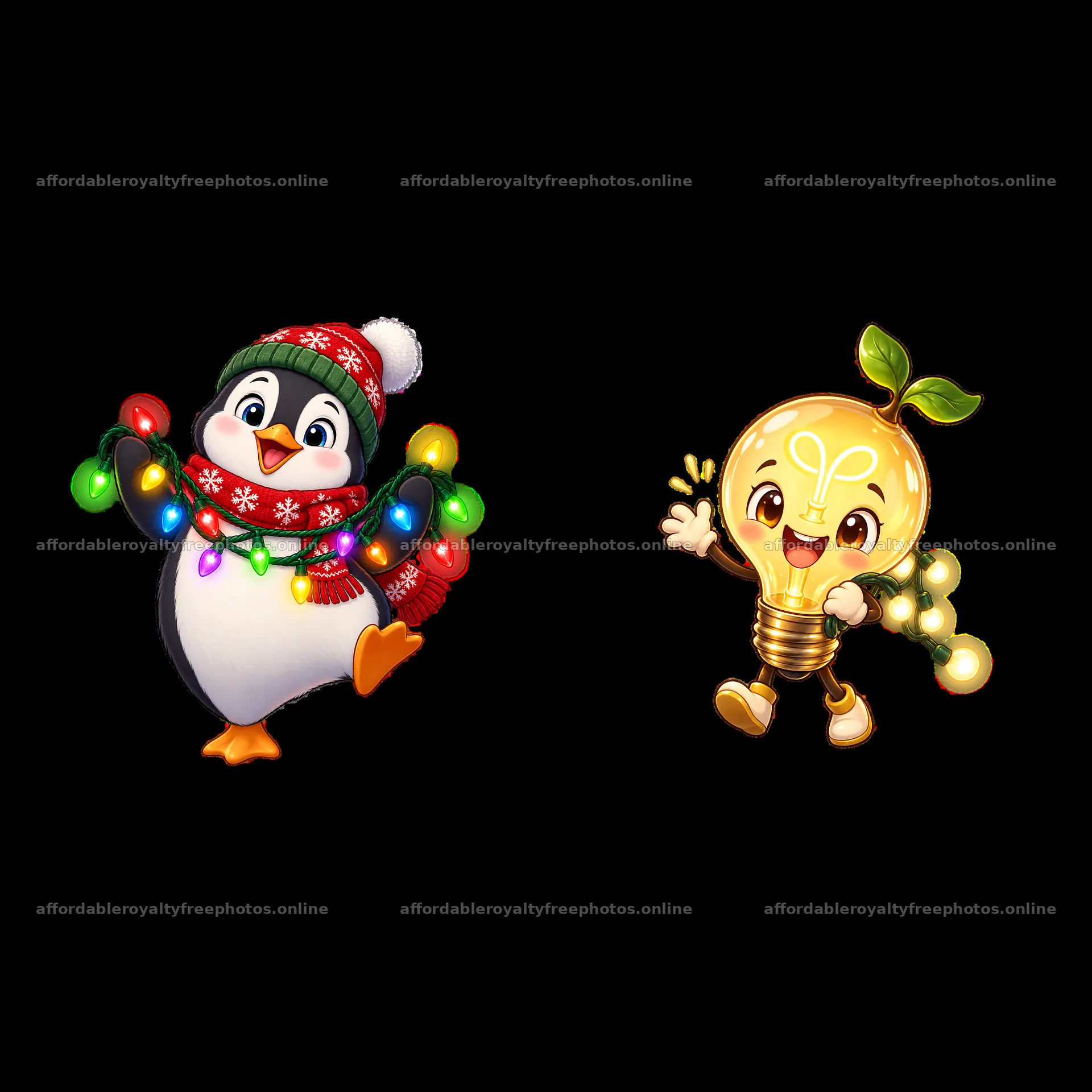 Penguin with string lights and a light bulb character – royalty-free photos 7746x7746