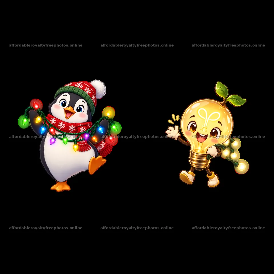 Penguin with string lights and a light bulb character – royalty-free photos 7746x7746