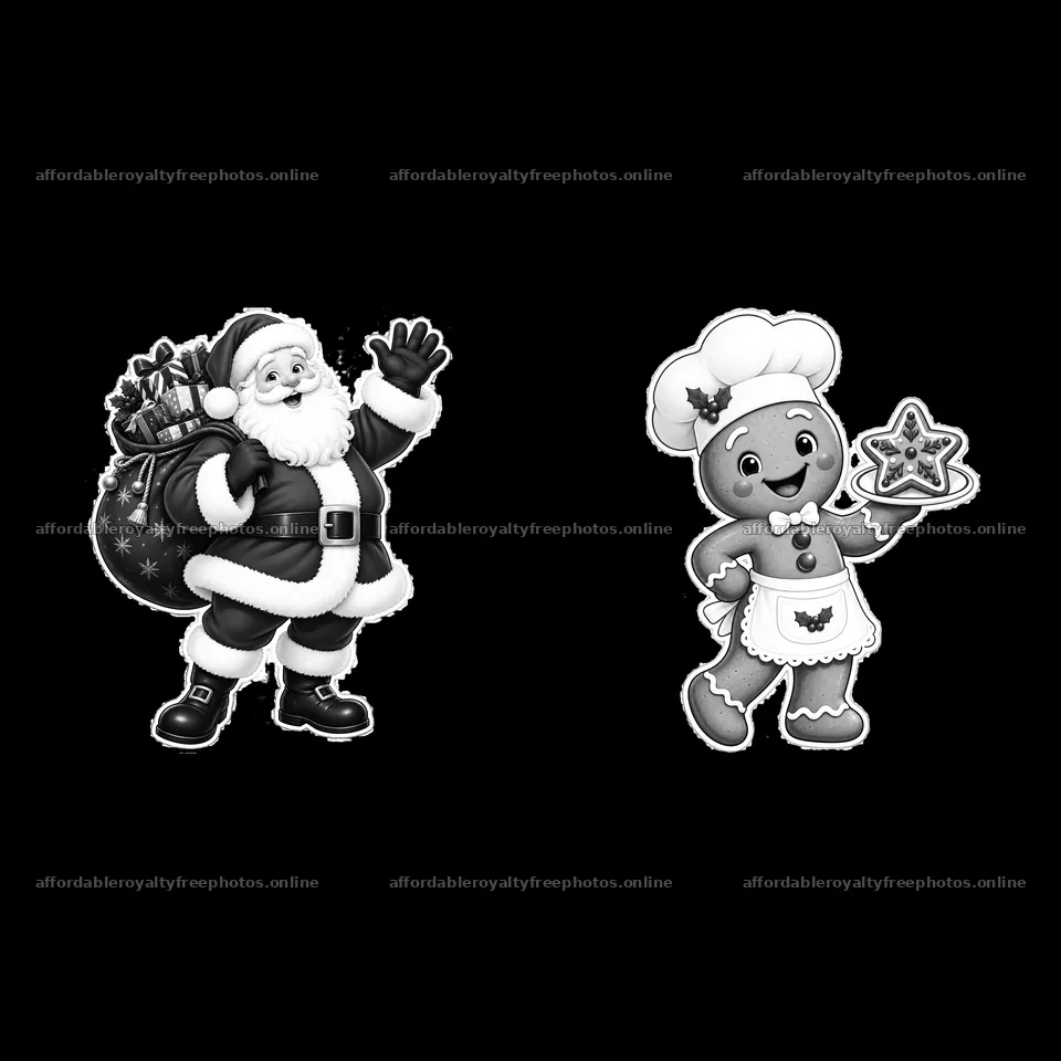 Santa and gingerbread cookie character celebrate Christmas – royalty-free photos 7746x7746