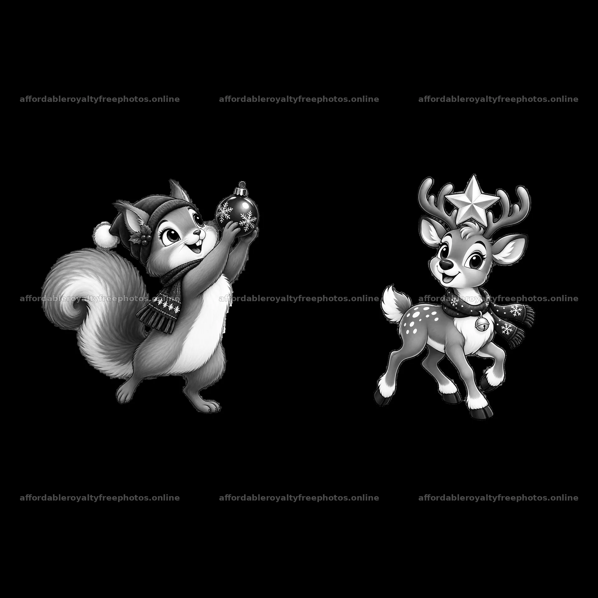 Squirrel holds ornament while reindeer stands in – royalty-free photos 7746x7746