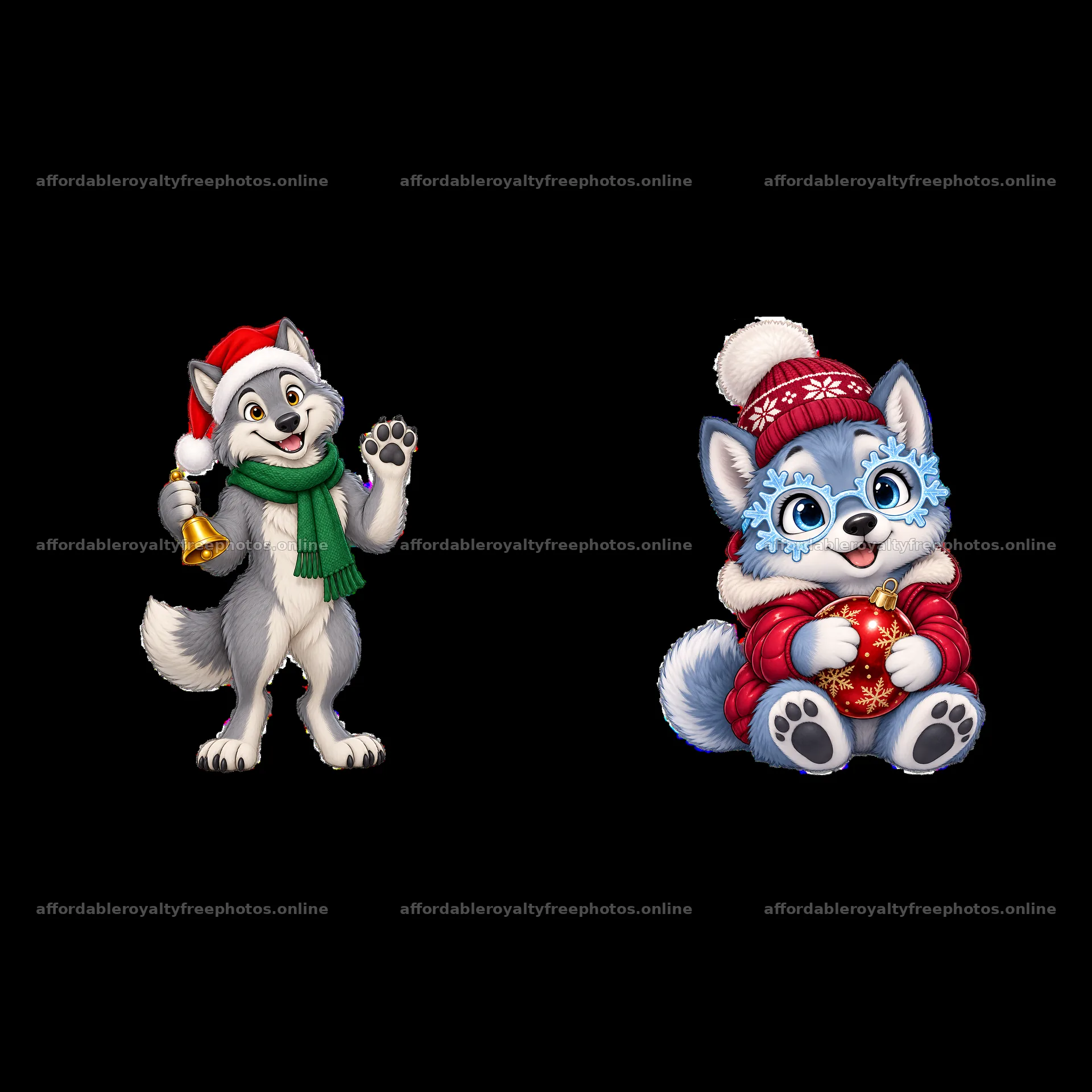 Christmas wolf characters in festive attire holding a – royalty-free photos 7746x7746
