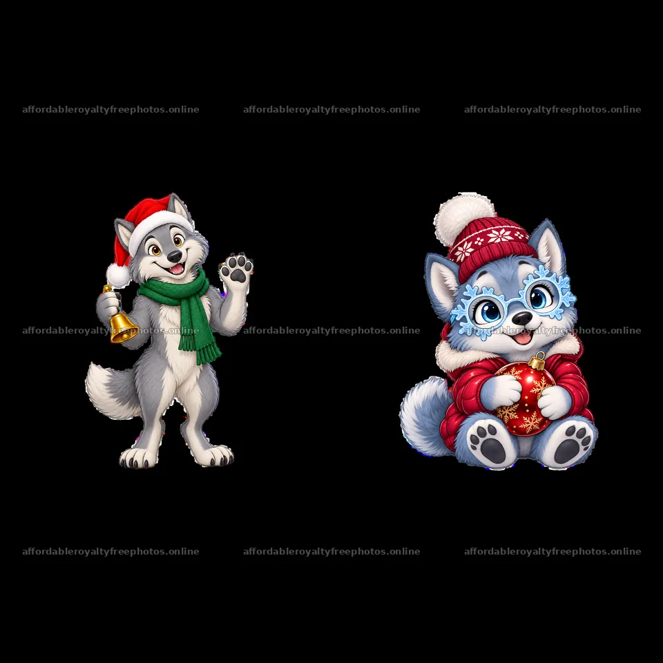 Christmas wolf characters in festive attire holding a – royalty-free photos 7746x7746