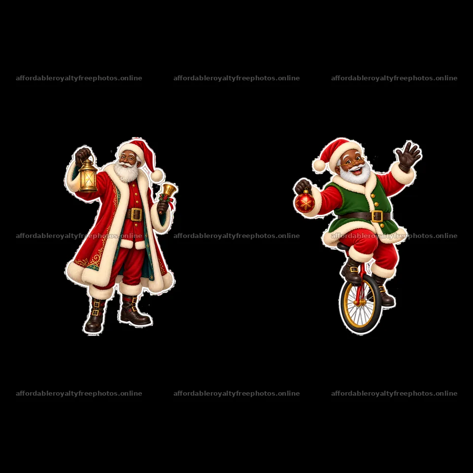 Santa Claus with bell and Santa Claus on unicycle – royalty-free photos 7746x7746