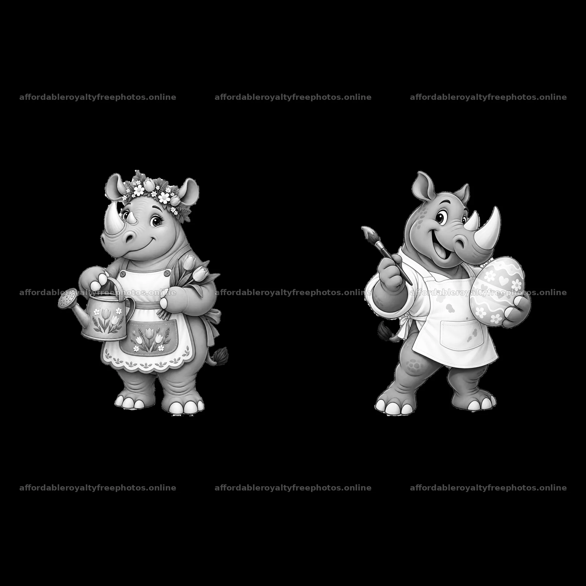Easter rhinoceros characters with painting and gardening – royalty-free photos 7746x7746