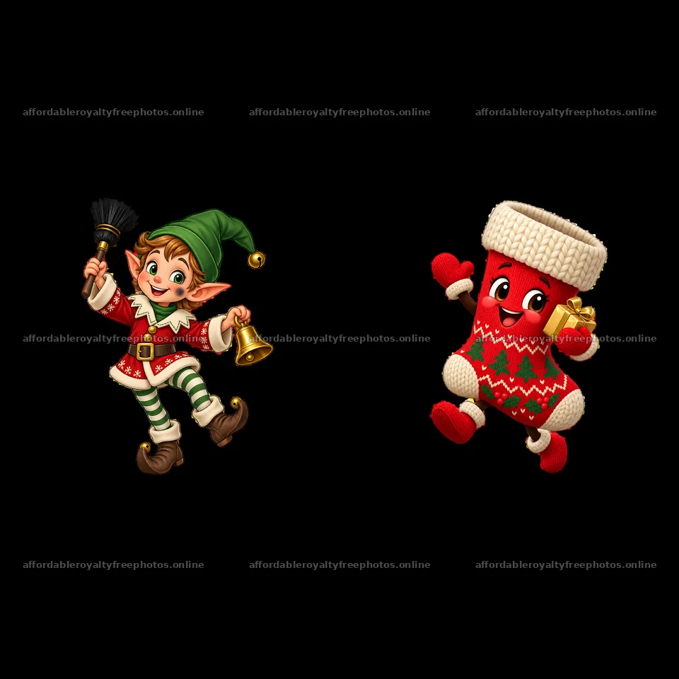 Cheerful elf with a bell and festive stocking with gifts – royalty-free photos 7746x7746
