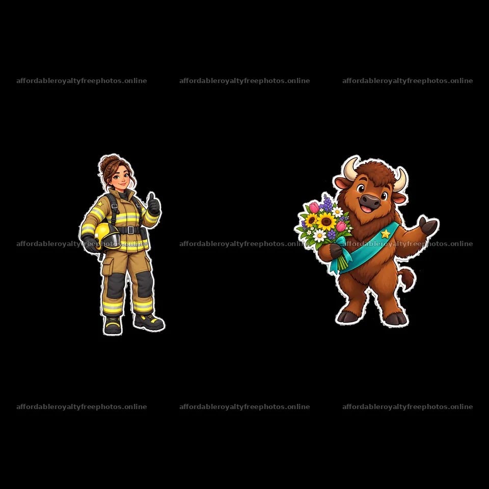 Firefighter with thumbs up and bison holding flowers – royalty-free photos 7746x7746