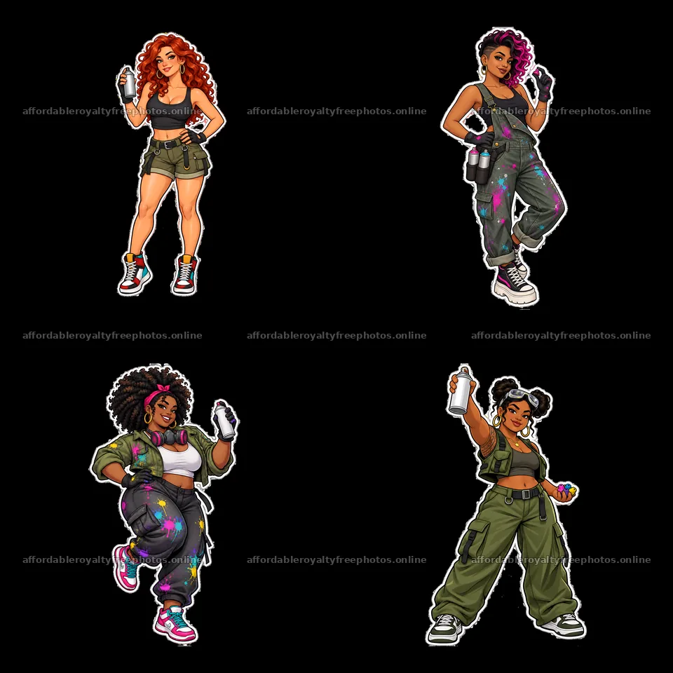 Graffiti artists in stylish outfits spray vibrant – royalty-free photos 7746x7746