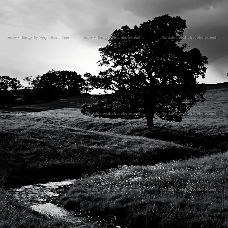 High contrast meadow with watercourse and tree – royalty-free photos 7938x7938