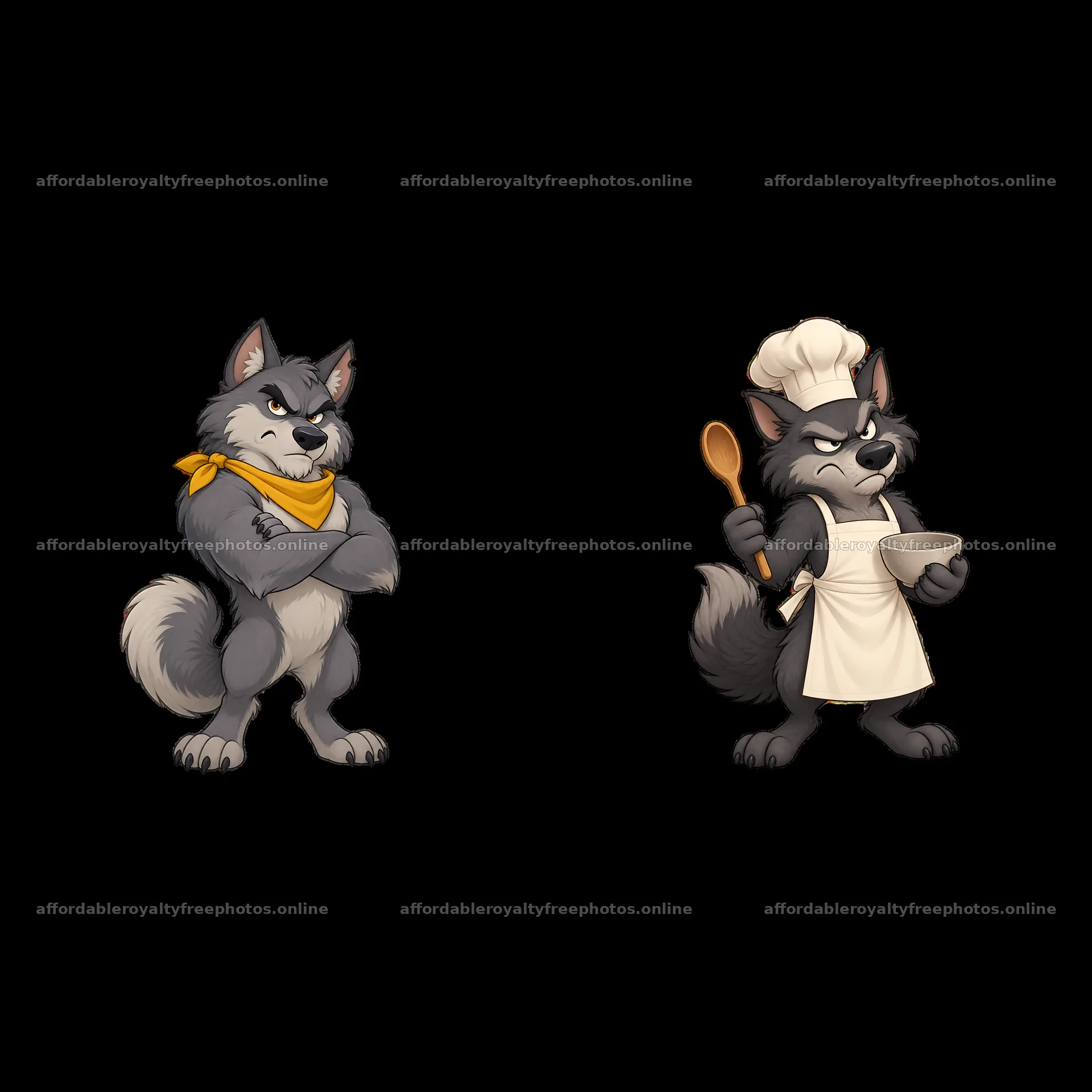 Grumpy wolf chef with spoon and dish next to confident – royalty-free photos 7746x7746