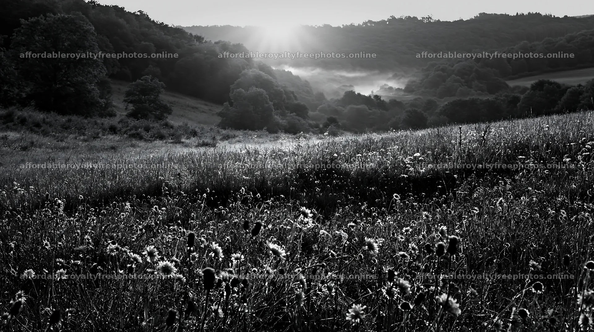 Meadow with knapweed at dawn in black and white – royalty-free photos 10608x5938