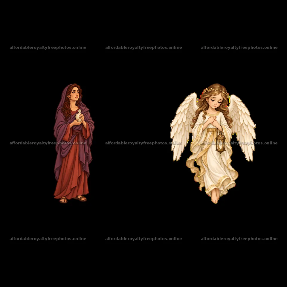 Woman holding a candle with an angel holding a lantern – royalty-free photos 7746x7746