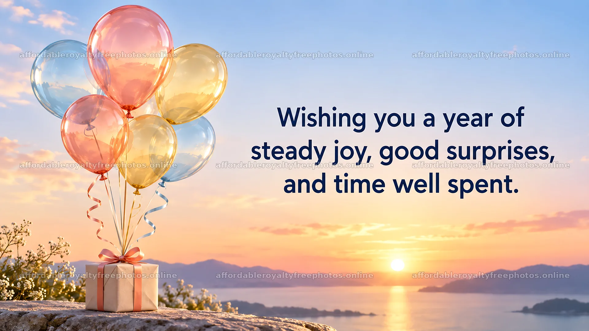 Birthday Greeting with Balloons and a Sunset – royalty-free photos 10324x5812