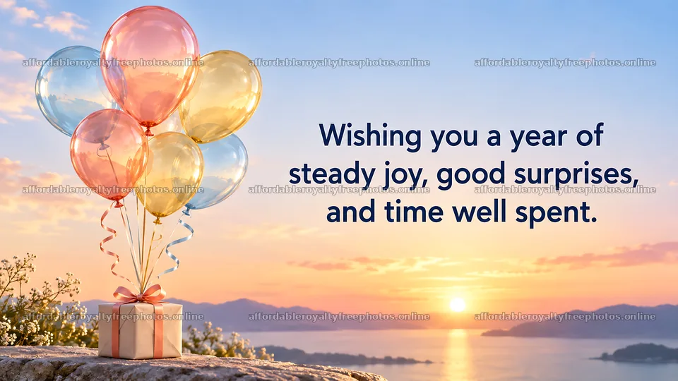 Birthday Greeting with Balloons and a Sunset – royalty-free photos 10324x5812