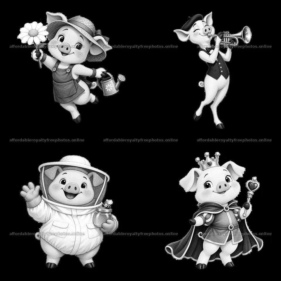 Four cartoon pigs in various activities and outfits – royalty-free photos 7746x7746