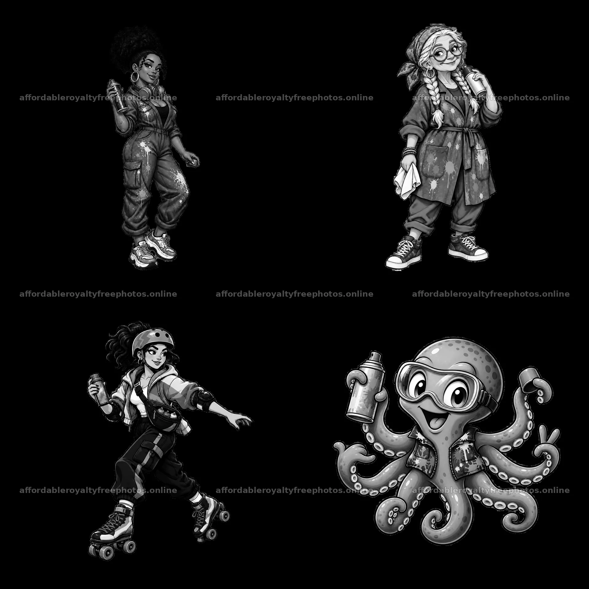 Graffiti sprayers with roller skates and an octopus – royalty-free photos 7746x7746