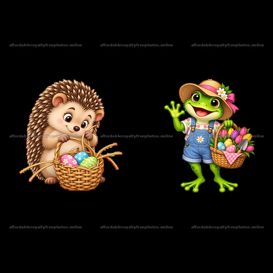 Hedgehog and frog with Easter baskets and colorful eggs – royalty-free photos 7746x7746