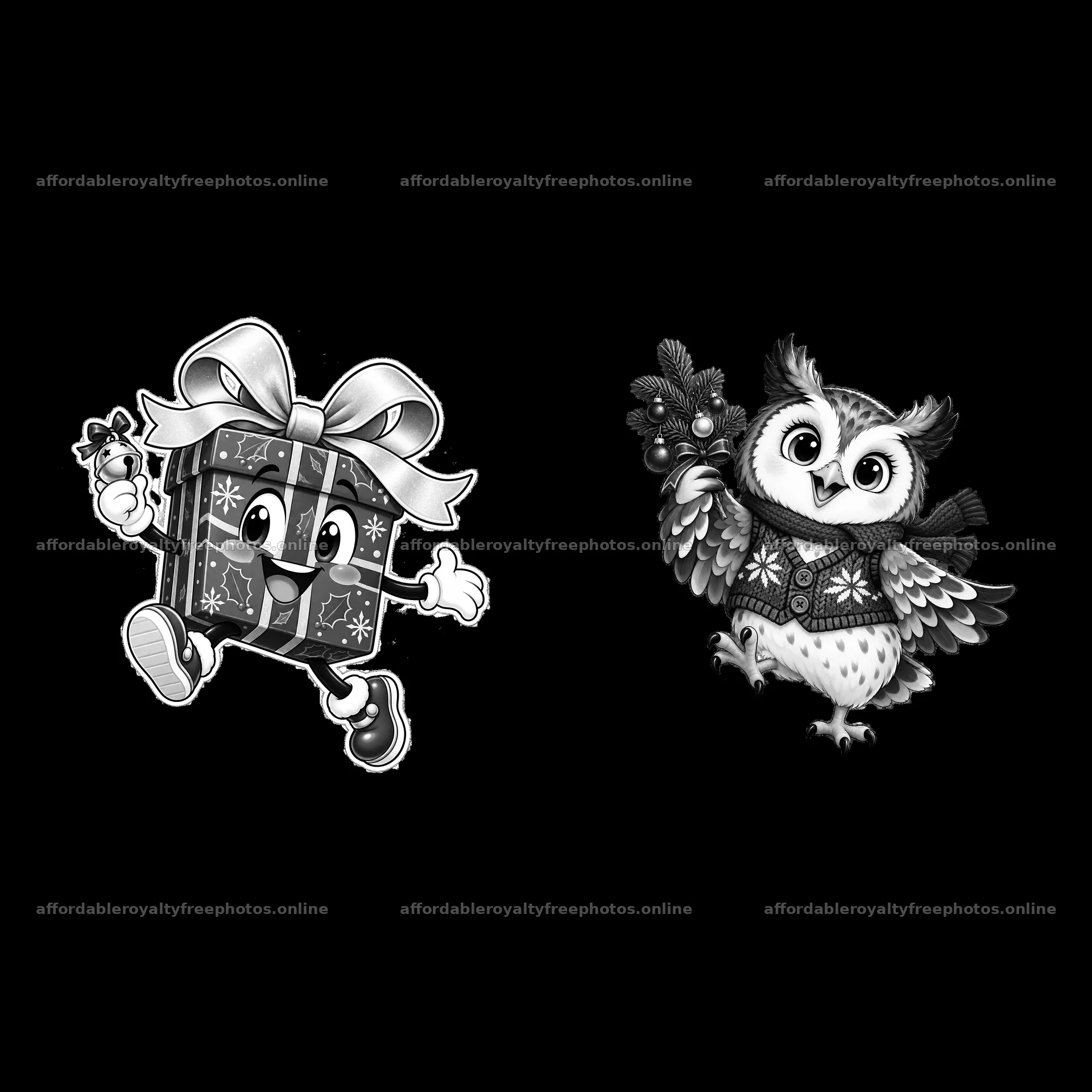 Christmas gift and owl with decorations – royalty-free photos 7746x7746