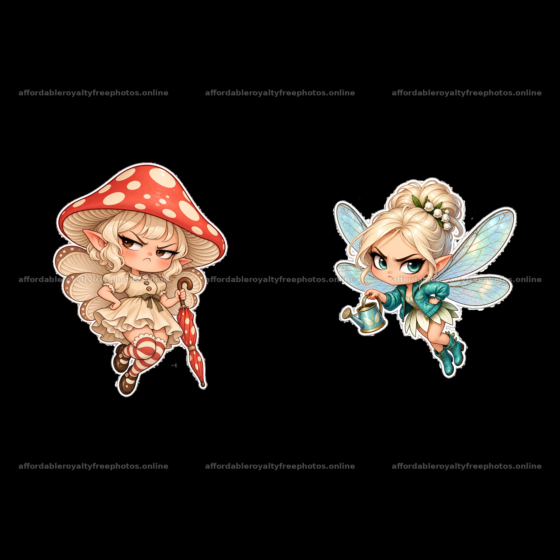 Kawaii grumpy fairy with mushroom umbrella and blue – royalty-free photos 7746x7746