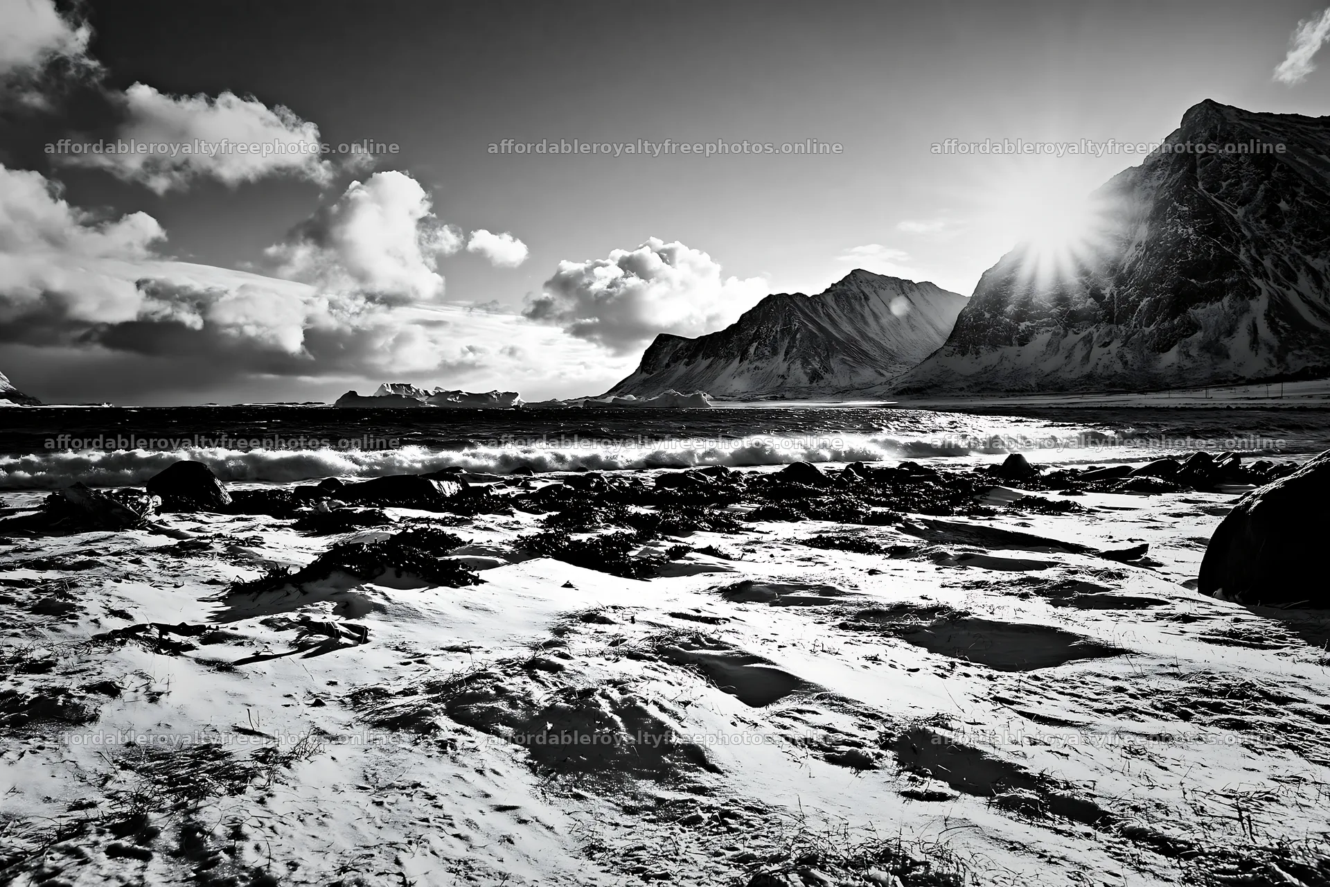 Lofoten coastal meadow covered in winter snow under – royalty-free photos 9722x6480