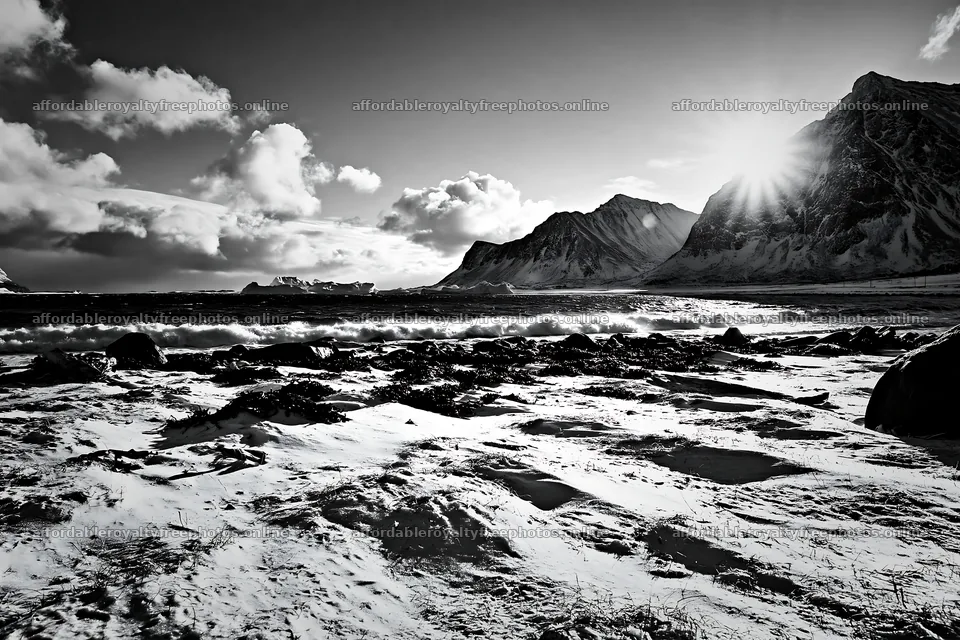 Lofoten coastal meadow covered in winter snow under – royalty-free photos 9722x6480