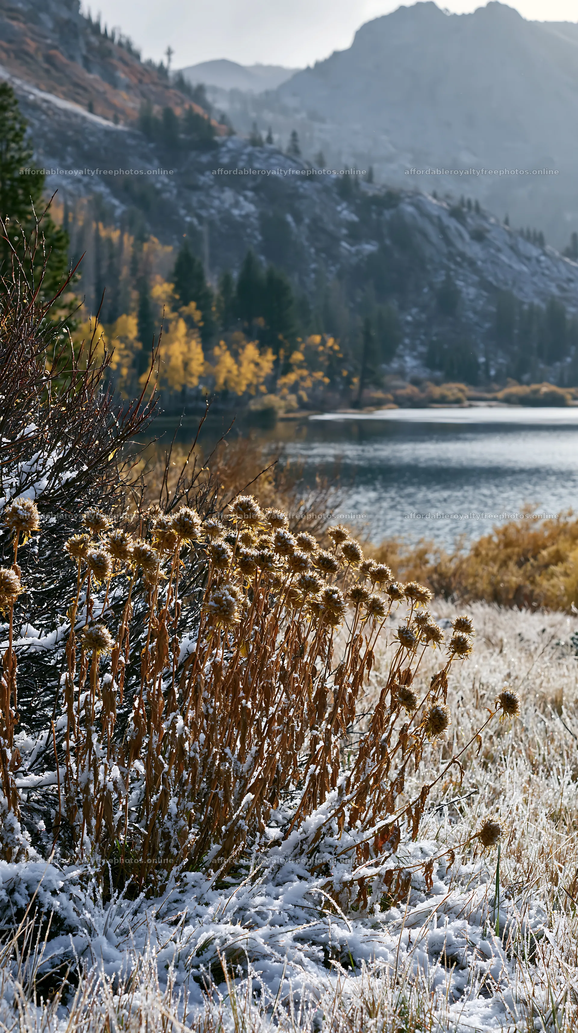 Lakeside meadow after first snowfall in autumn – royalty-free photos 5938x10608