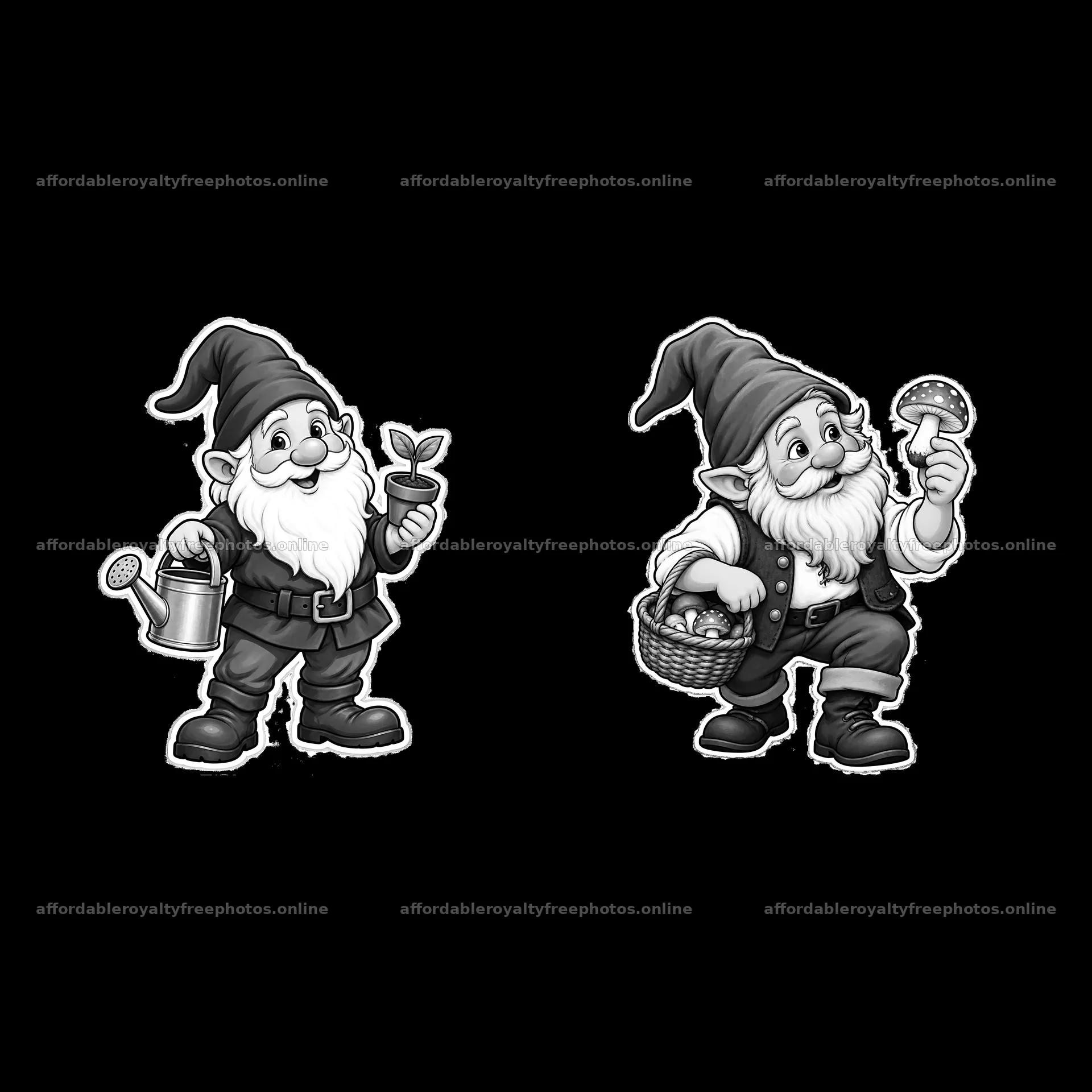 Gnomes watering plants and foraging mushrooms in black – royalty-free photos 7746x7746