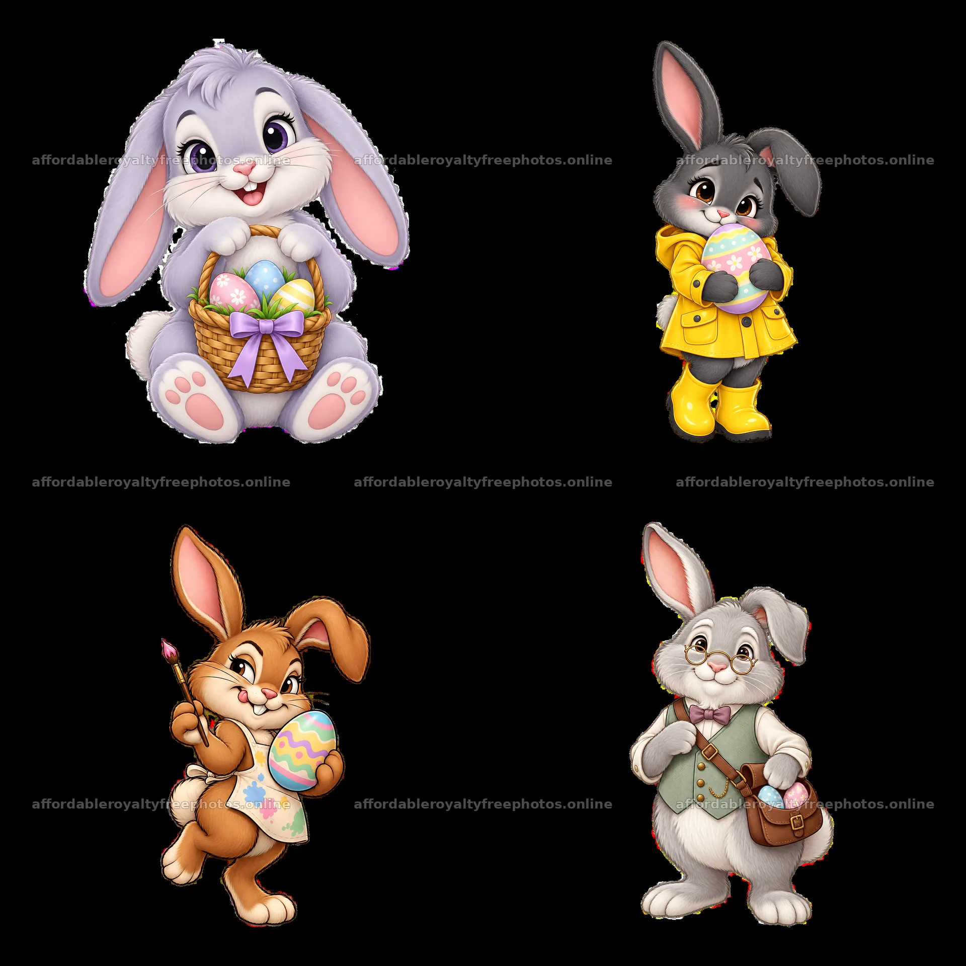 Easter bunnies with colorful eggs and fun accessories – royalty-free photos 7746x7746