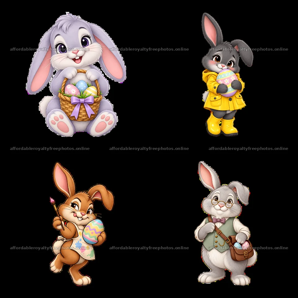 Easter bunnies with colorful eggs and fun accessories – royalty-free photos 7746x7746