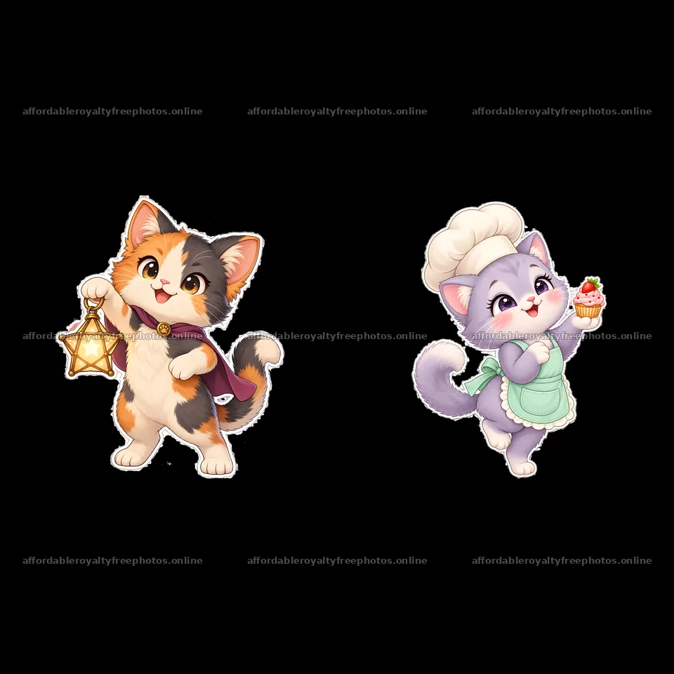 Kawaii cats holding a lantern and a cupcake in a – royalty-free photos 7746x7746