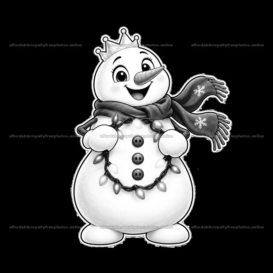 Snowman wearing a crown and string lights during winter – royalty-free photos 7746x7746
