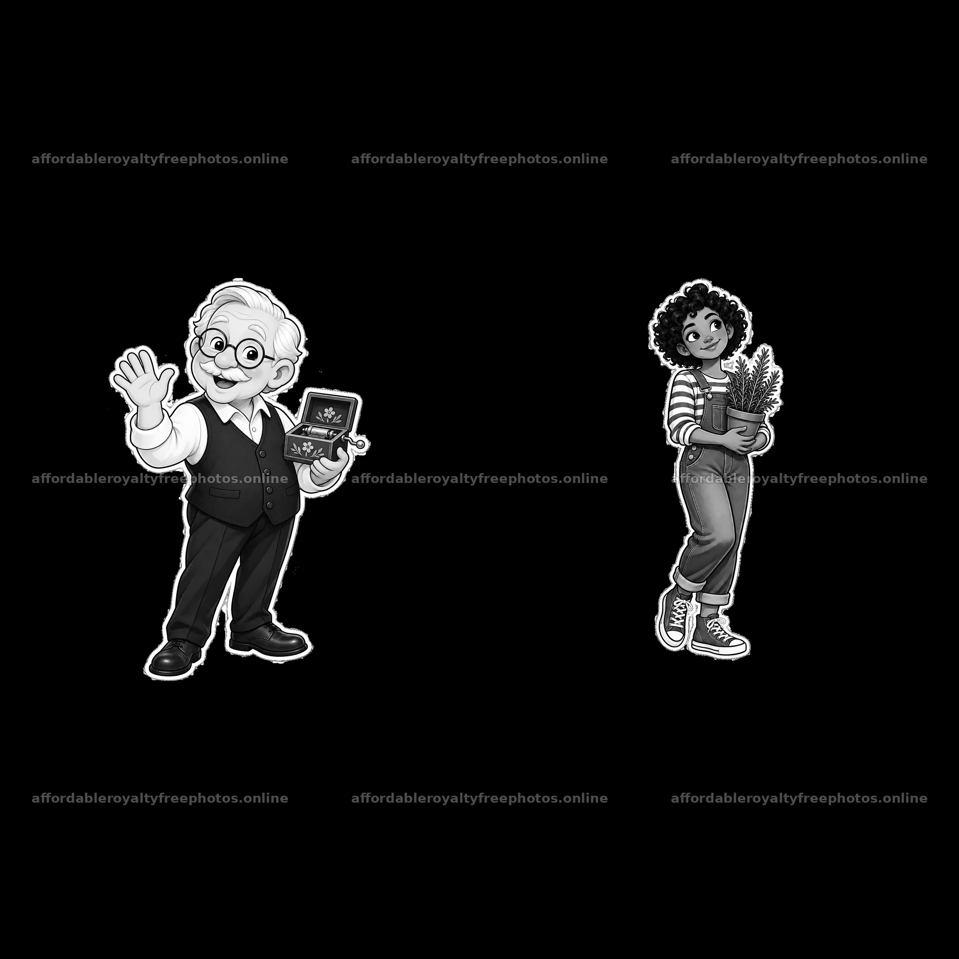 Grandfather showing a box to girl holding potted plants – royalty-free photos 7746x7746