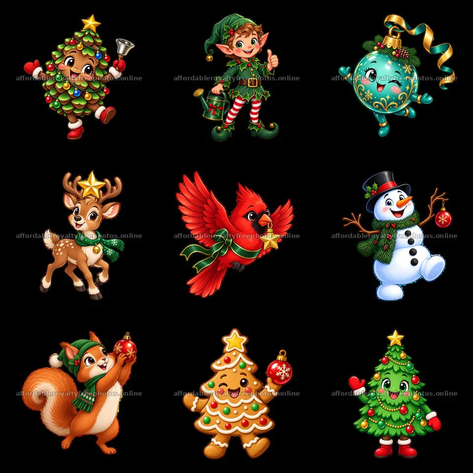 Cartoon Christmas characters celebrating with tree – royalty-free photos 7746x7746